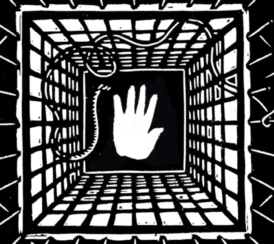Linogravure représentant une main au centre d'une cage, barreaux, barbelés et serpent